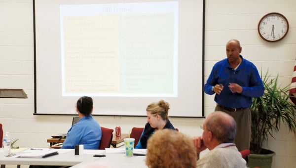 JONATHAN ROWE | DAILY NEWS PREPARATIONS: Al Powell, Beaufort County PAL president, gives a presentation — “The ABC’s of Planning an All-Hazard Emergency Response Plan” — to the Mid-East Region Housing Authority Board of Commissioners on Thursday. 