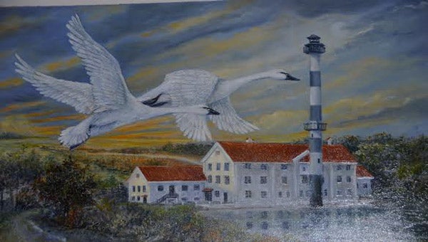 Here one of  Sears’ painting is titled: "Swans over Mattamuskeet" and is a Oil on Board  