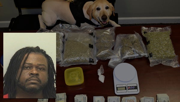 BEAUFORT COUNTY SHERIFF’S OFFICE DRUG UNIT SEIZE OF THE DAY: K-9 Elza, the Beaufort County Sheriff’s Office Drug Unit drug detecting dog, takes a break next to the cache of items seized from an Anderson Place house in Washington on Friday morning. 