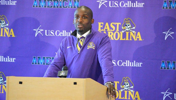 MICHAEL PRUNKA | DAILY NEWS FRONT AND CENTER: Charismatic East Carolina head coach Scottie Montgomery mans the podium during last week’s National Signing Day press conference.  