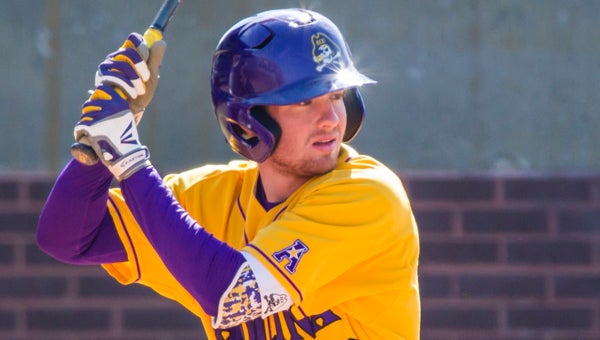 ECU MEDIA RELATIONS | CONTRIBUTED MANNING THE PLATE: Parker Lamm awaits a pitch during a game last season. He was one of many Pirates to stay in Greenville this summer to work on building strength, among other things. 