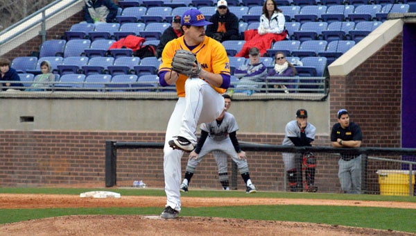 MICHAEL PRUNKA | DAILY NEWS WIND UP: Jimmy Boyd mans the mound against Maryland last weekend. He had one of his best outings of the season on Sunday at Rice. He threw 7.1 innings, conceding five hits and just one run. Joe Ingle allowed three runs in relief, though, leading to ECU’s first series loss of the campaign. 