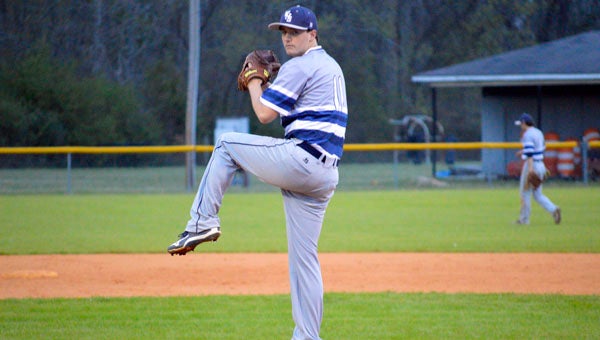 MICHAEL PRUNKA | DAILY NEWS WIND UP: Tyler Harrell throws a pitch to a Southside batter. He had a good showing on the mound, but handed over pitching duties to Tripp Barfield, who was able to help Washington escape with a win in its first game of the Easter tournament. 