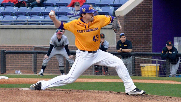 MICHAEL PRUNKA | DAILY NEWS DOING YOUR PART: Jimmy Boyd throws one of his 73 pitches to start Sunday’s contest with Maryland. Boyd put in almost five innings of work, conceding just two runs to keep ECU in the game. 
